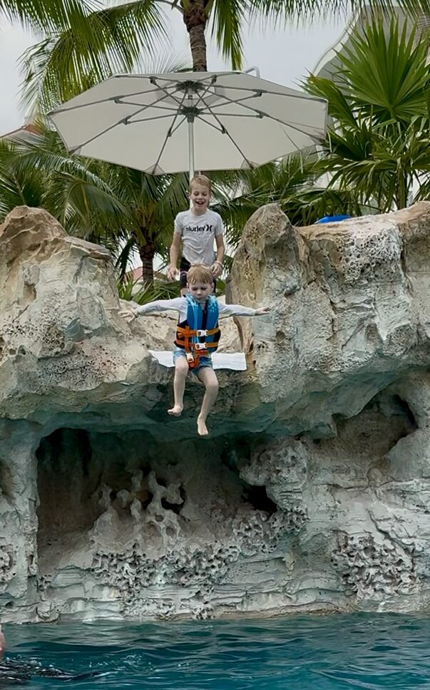 Cliff jumping off the 8 foot cliff at Baha Mar 